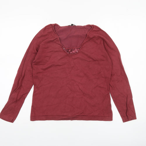 Linea Women's Red Sequin Scoop Neck Pullover Jumper Size M