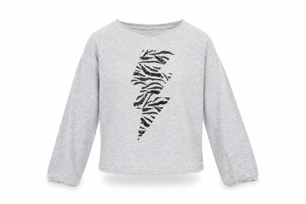 Front view of John Lewis girls’ grey long sleeve zebra print lightning pullover top 9 years