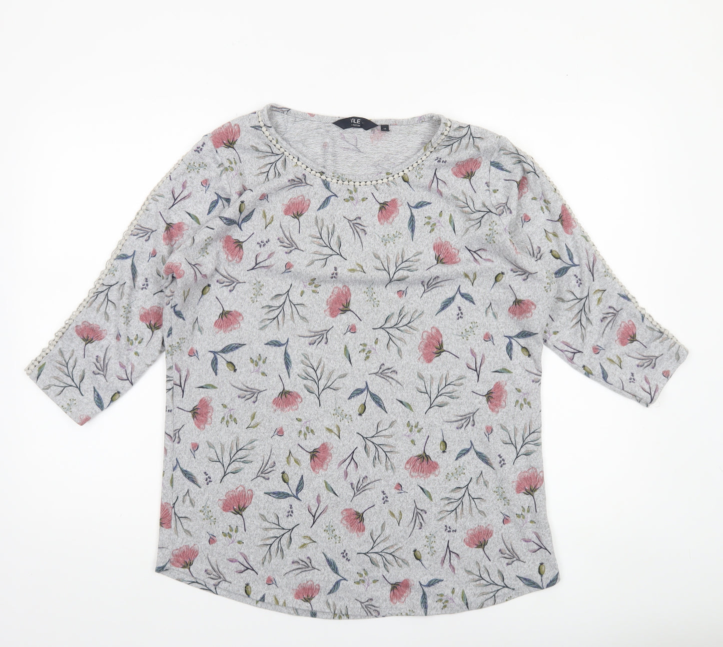 Isle Collection Women's Grey Floral 3/4 Sleeve Pullover Jumper Size M