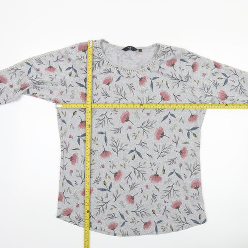 Isle Collection Women's Grey Floral 3/4 Sleeve Pullover Jumper Size M