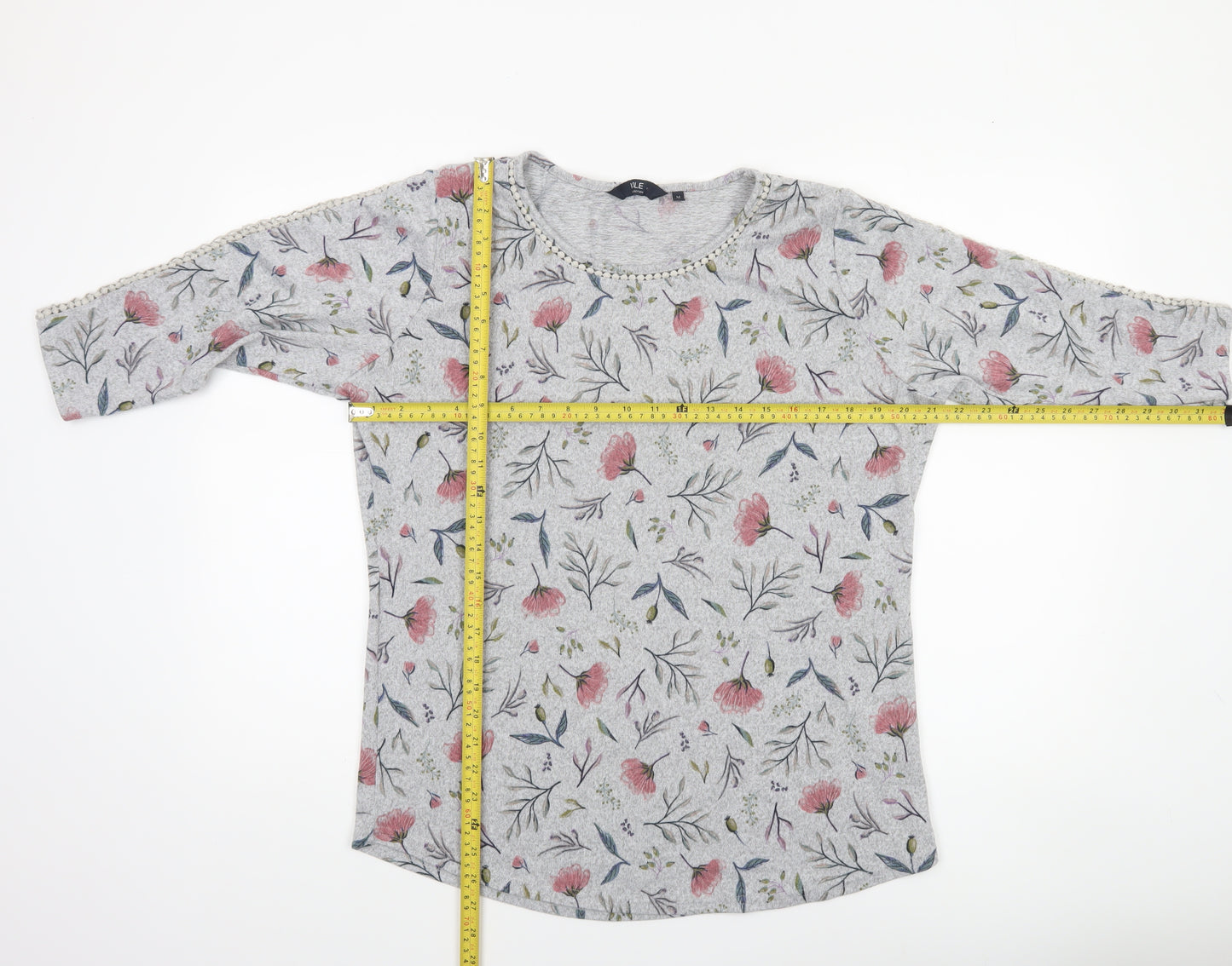 Isle Collection Women's Grey Floral 3/4 Sleeve Pullover Jumper Size M