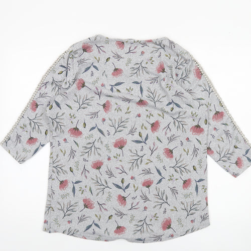 Isle Collection Women's Grey Floral 3/4 Sleeve Pullover Jumper Size M