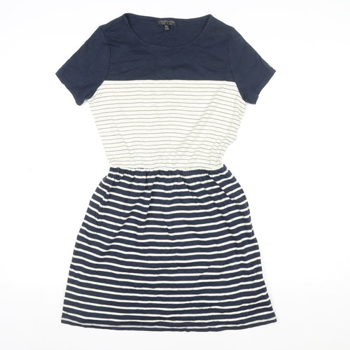 Topshop Women Blue Striped Fit & Flare Knee Length Dress Size 8