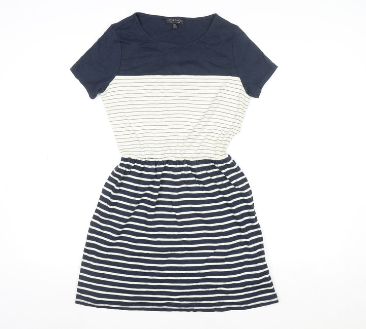 Topshop Women Blue Striped Fit & Flare Knee Length Dress Size 8