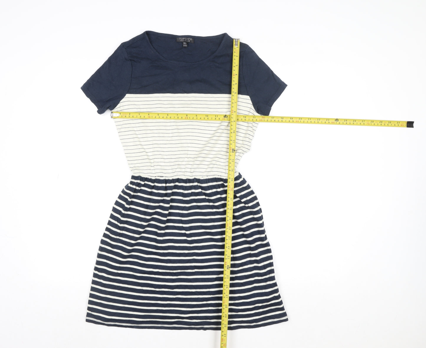 Topshop Women Blue Striped Fit & Flare Knee Length Dress Size 8