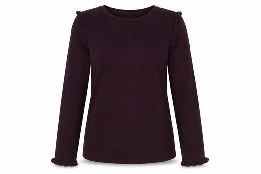 Front view of Oasis Women's Purple Ruffle Trim Long Sleeve Viscose Blend Top, size S