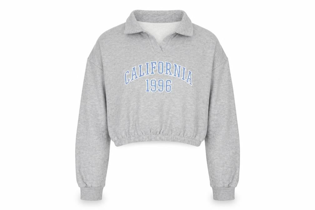 Front view of 915 girls’ grey collared pullover sweatshirt, size 14-15, years california 1996