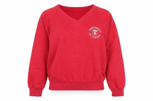 Front view of Probert University of London Red V-Neck women’s sweatshirt, size L