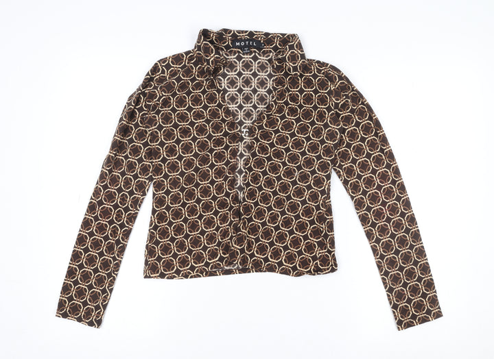 Motel Women’s Brown Geometric Collared Cropped Cotton Blouse Size S
