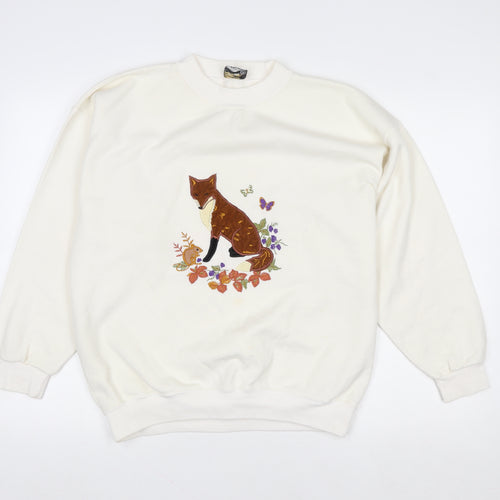 Acorn Leisure Womens Ivory Fox Embroidered Pullover Sweatshirt Size 12