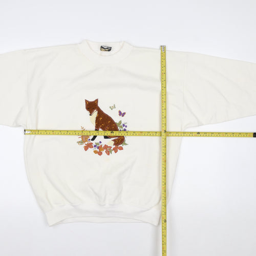 Acorn Leisure Womens Ivory Fox Embroidered Pullover Sweatshirt Size 12