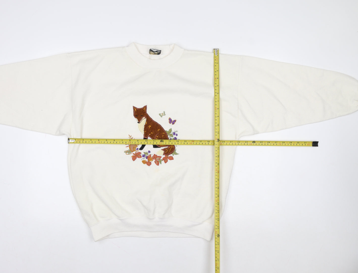 Acorn Leisure Womens Ivory Fox Embroidered Pullover Sweatshirt Size 12