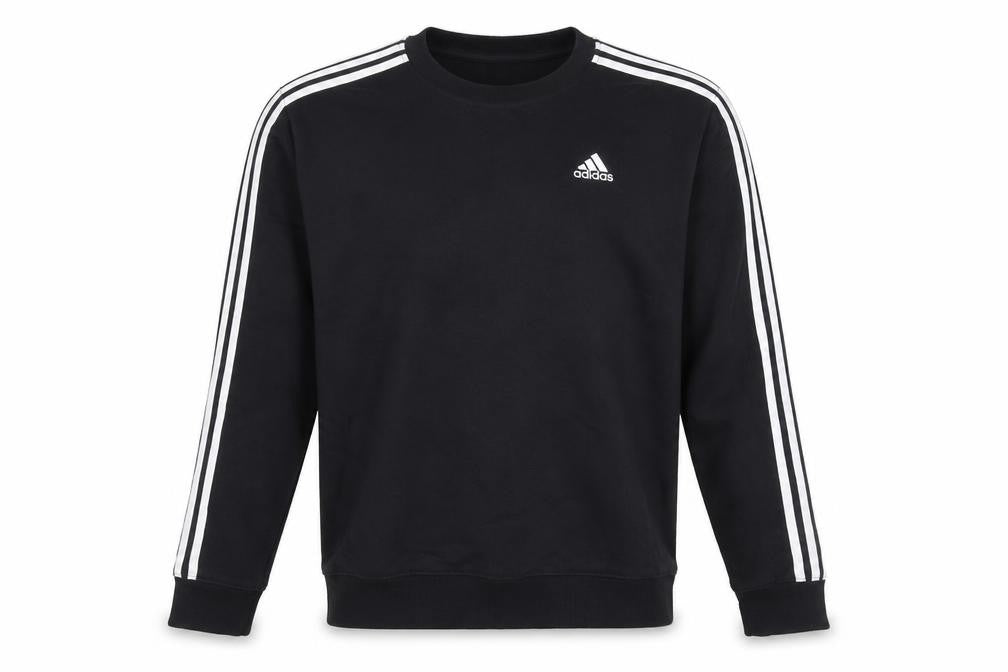 Front view of Adidas Men's Black Crew Neck Striped Sweatshirt, size S
