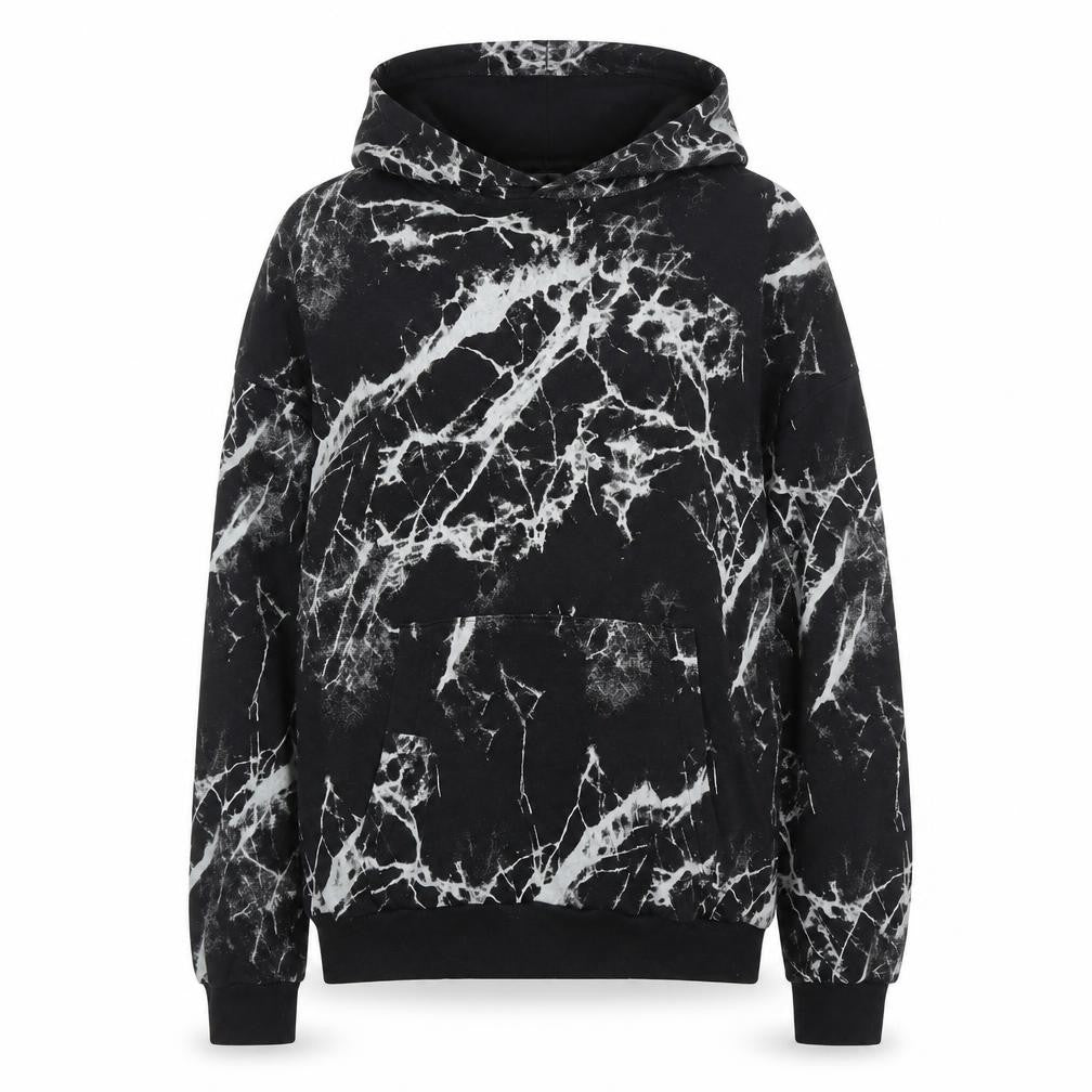 Front view of H&M Teen Black Marble Pullover Hoodie 14+ Cotton Blend