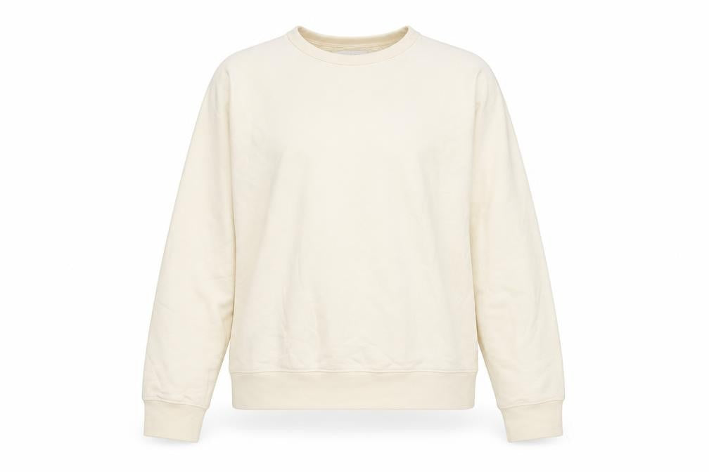 Front view of Marks & Spencer Women Beige Cotton Crew Neck Pullover Sweatshirt, size S