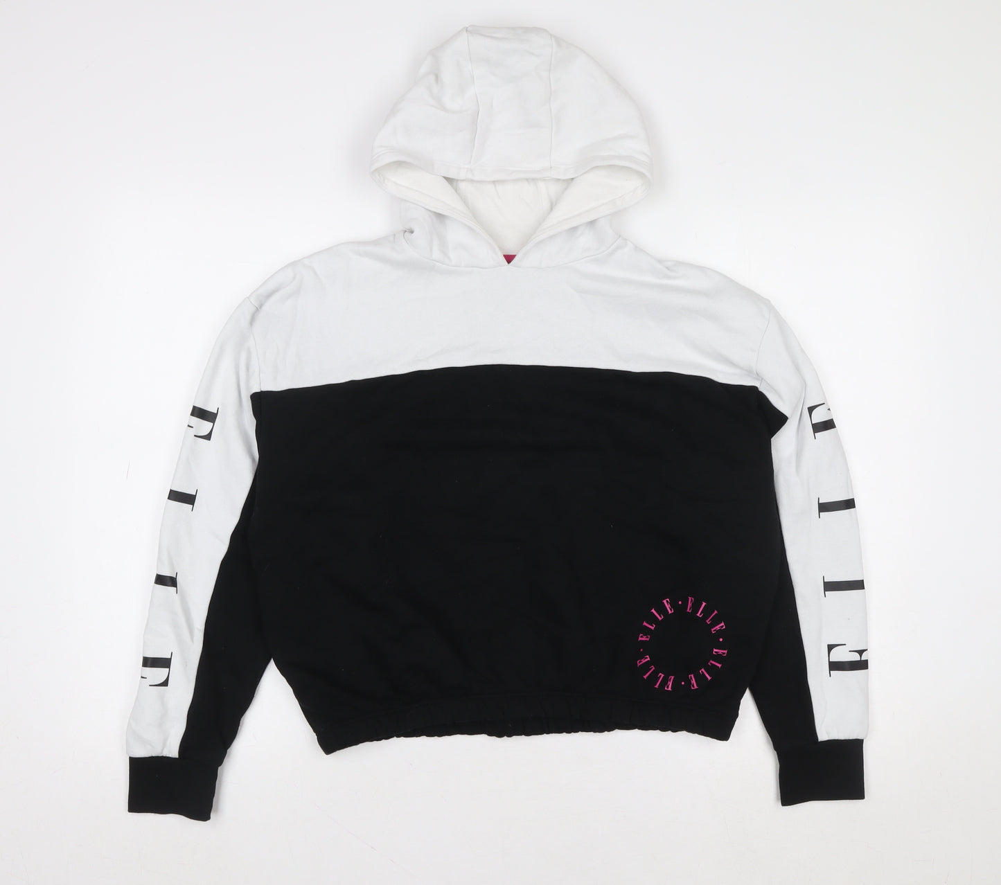 ELLE Girls Black & White Pullover Logo Hoodie 12-13 Years Cotton Blend