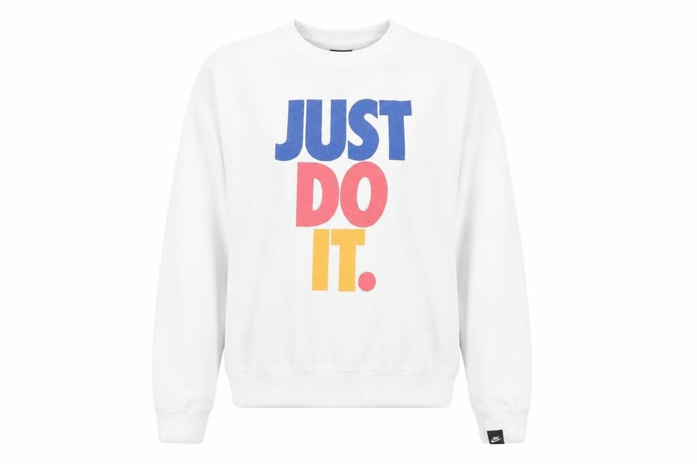 Front view of Nike Women's White Graphic Pullover Sweatshirt Medium 'Just Do It'