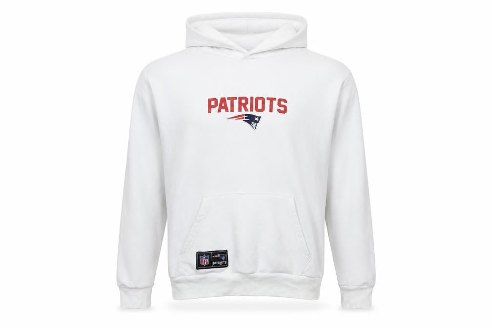 Front view of Primark men’s white patriots pullover hoodie, size M, nfl graphic sweatshirt