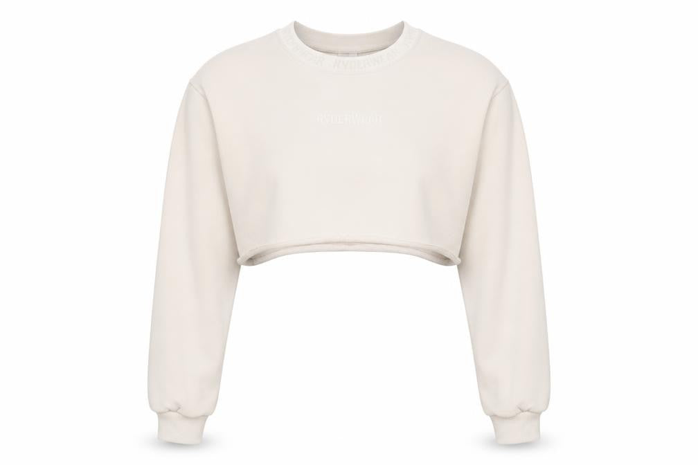 Front view of Ryderwear Women's Beige Cropped Pullover Sweatshirt, size S