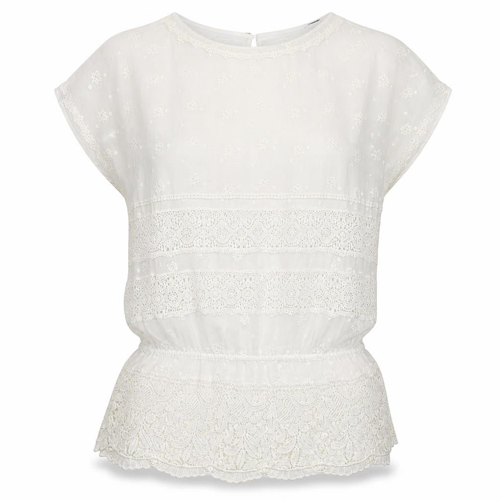 Front view of Massimo Dutti women’s ivory lace embroidered tunic blouse, size UK 10