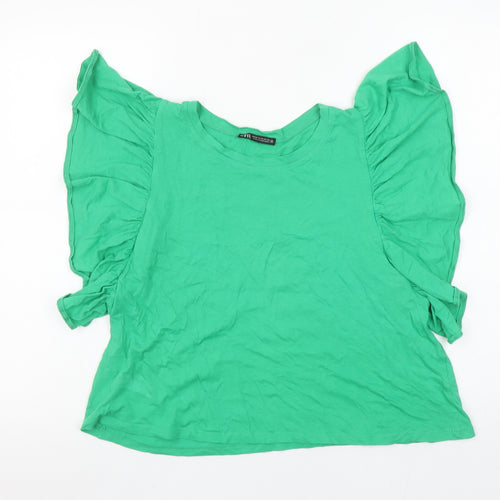 Zara Women Green Ruffle Sleeve Cotton T-Shirt Size 12