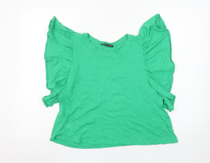 Zara Women Green Ruffle Sleeve Cotton T-Shirt Size 12
