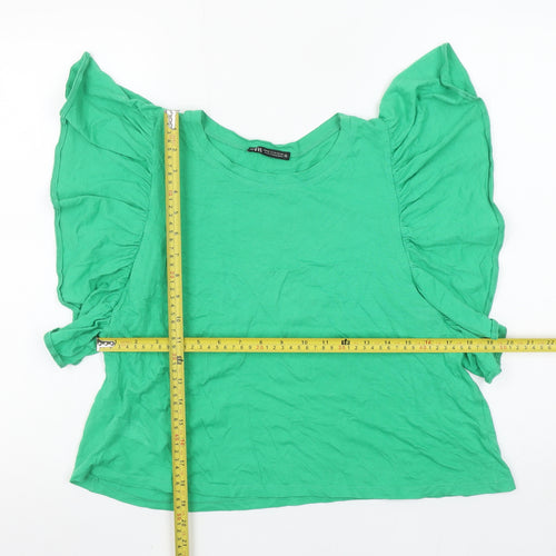 Zara Women Green Ruffle Sleeve Cotton T-Shirt Size 12