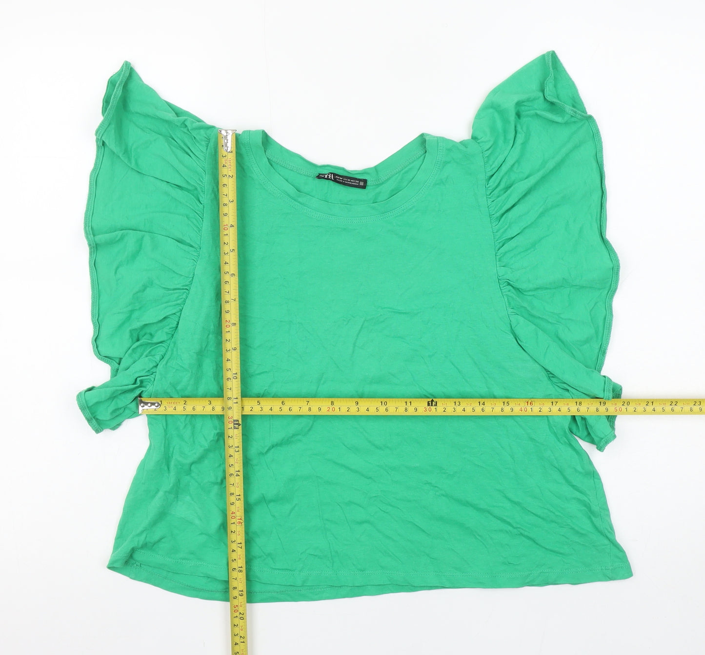Zara Women Green Ruffle Sleeve Cotton T-Shirt Size 12