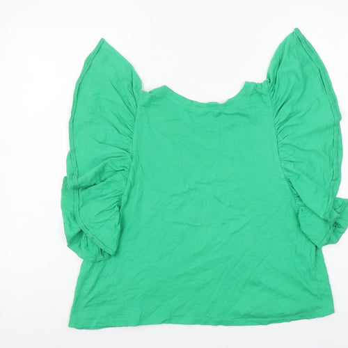 Zara Women Green Ruffle Sleeve Cotton T-Shirt Size 12