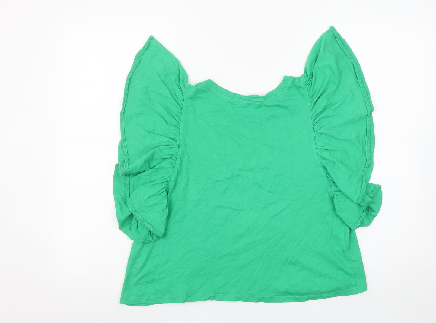 Zara Women Green Ruffle Sleeve Cotton T-Shirt Size 12