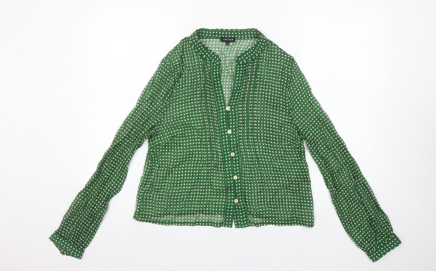Jaeger Women’s Green Polka Dot Silk Blouse Size 12 Long Sleeve