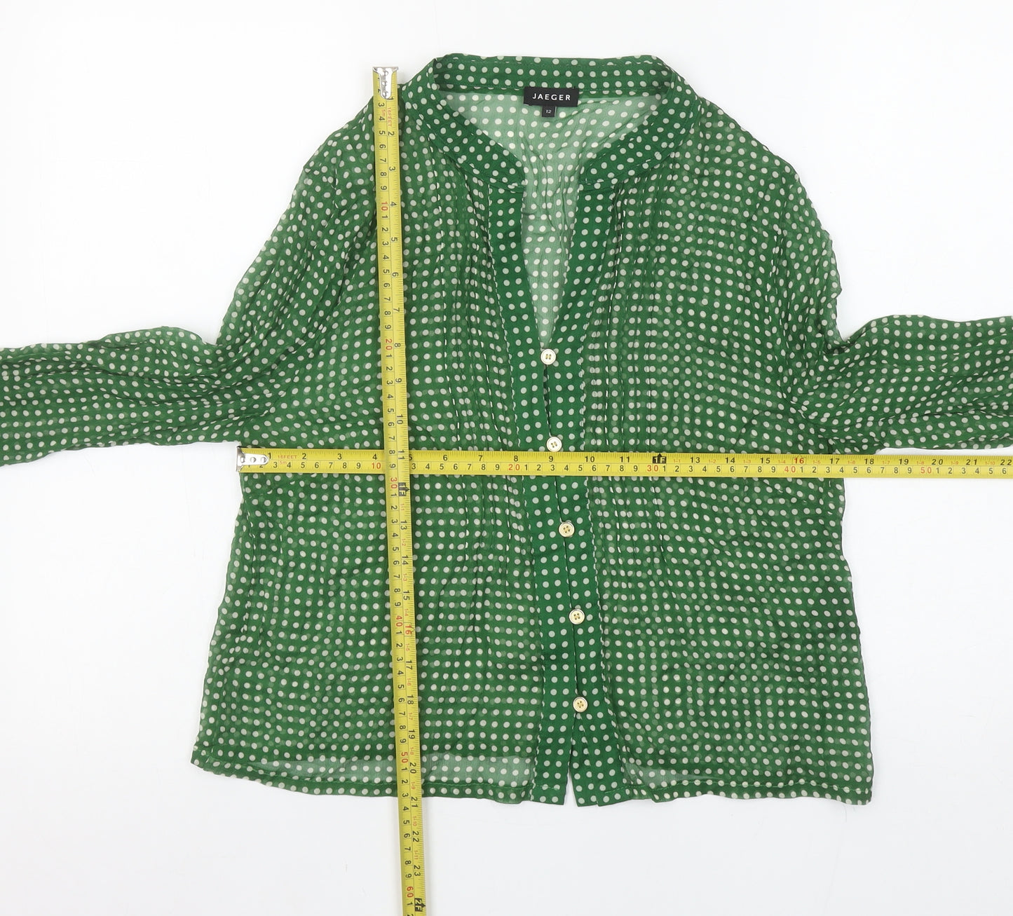 Jaeger Women’s Green Polka Dot Silk Blouse Size 12 Long Sleeve