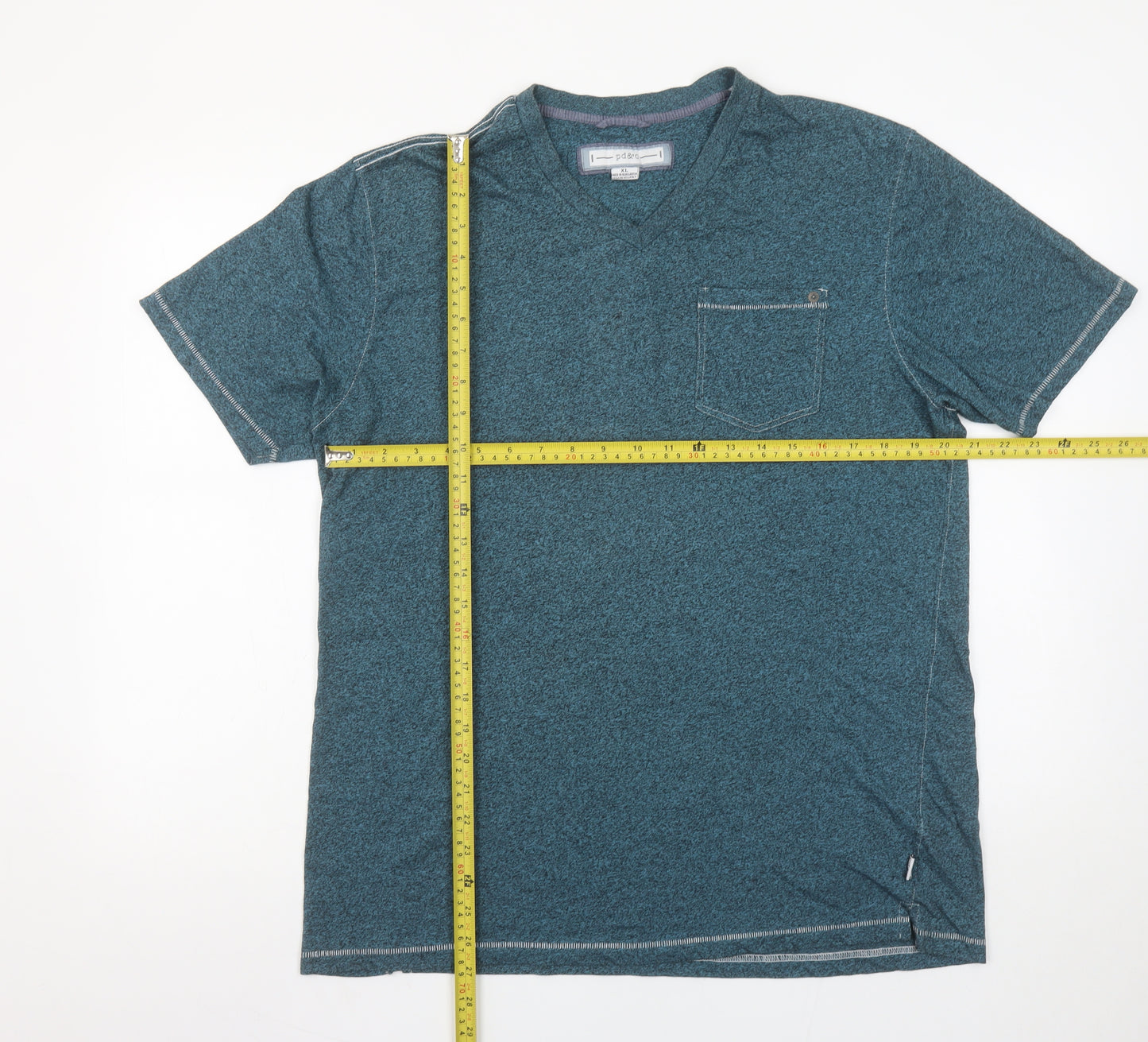 PD&C Men's Blue Short Sleeve V-Neck Cotton Blend T-Shirt XL