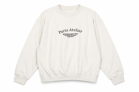 Front view of H&M Women Ivory Paris Atelier Cotton Blend Crew Neck Sweatshirt, size S