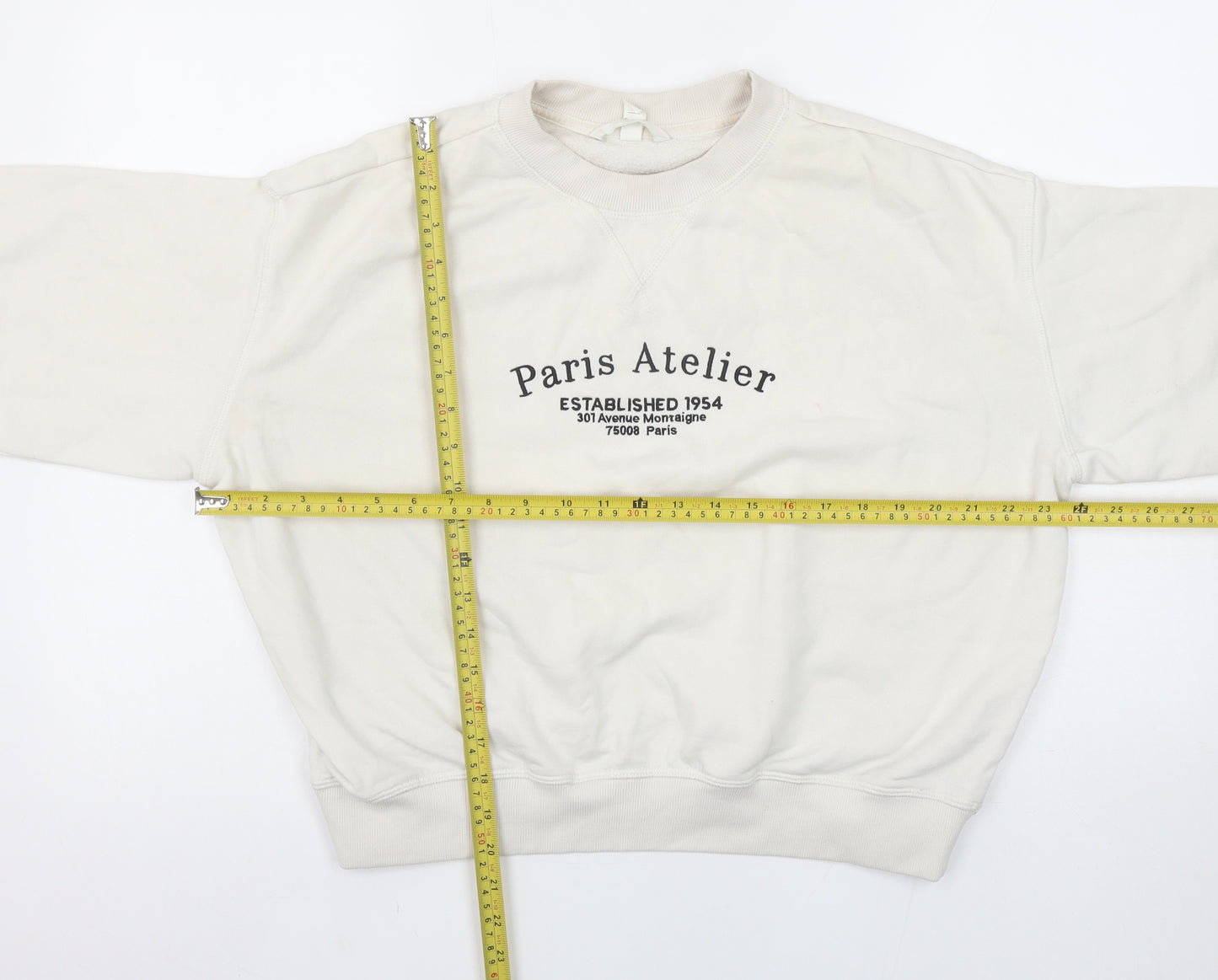 H&M Women Ivory Paris Atelier Cotton Blend Crew Neck Sweatshirt Size S