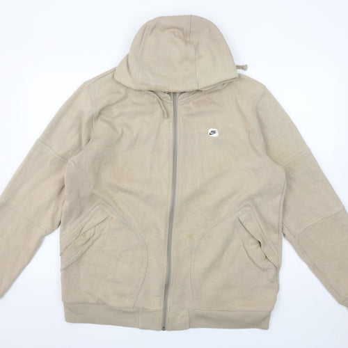 Nike Men's Beige Full Zip Hoodie L Embroidered Logo Cotton Blend