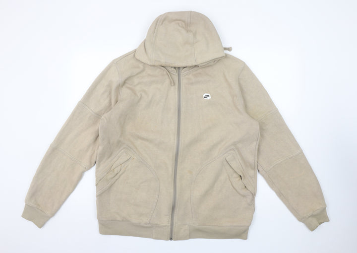 Nike Men's Beige Full Zip Hoodie L Embroidered Logo Cotton Blend