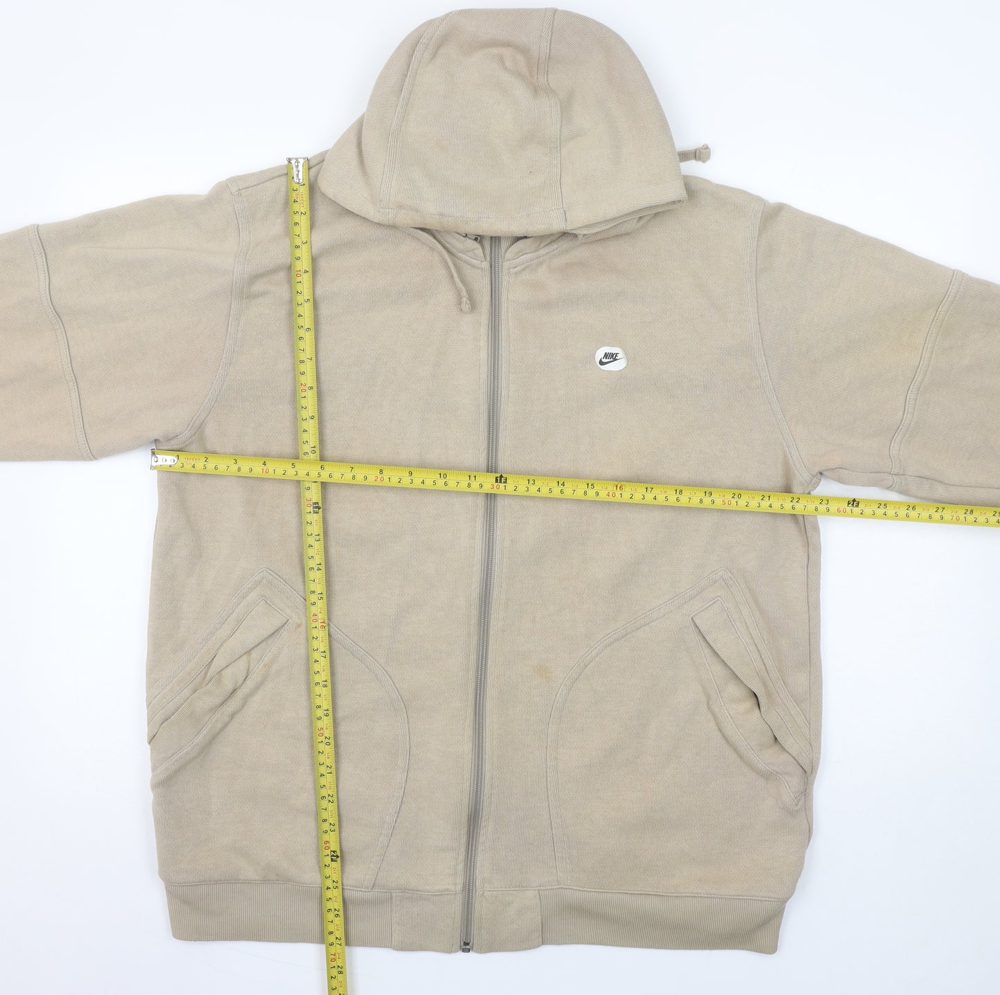Nike Men's Beige Full Zip Hoodie L Embroidered Logo Cotton Blend