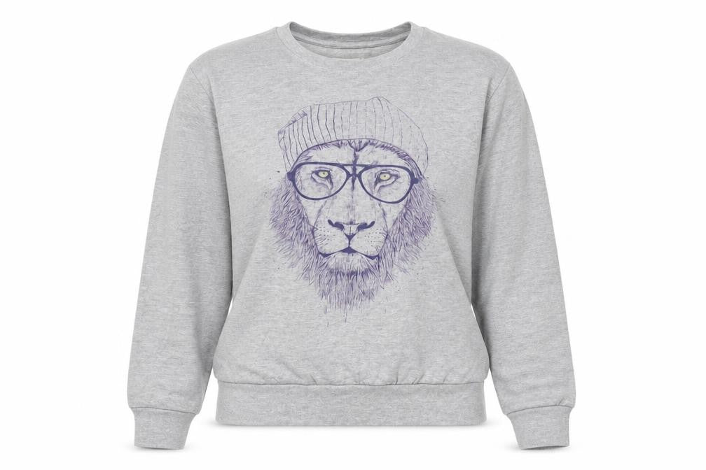 Front view of Woop Women’s Grey Lion Print Crew Neck Pullover Sweatshirt, size M