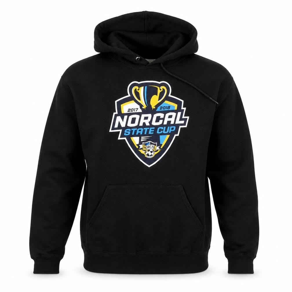 Front view of Jerzees Men's Black Pullover Hoodie M NorCal State Cup Graphic