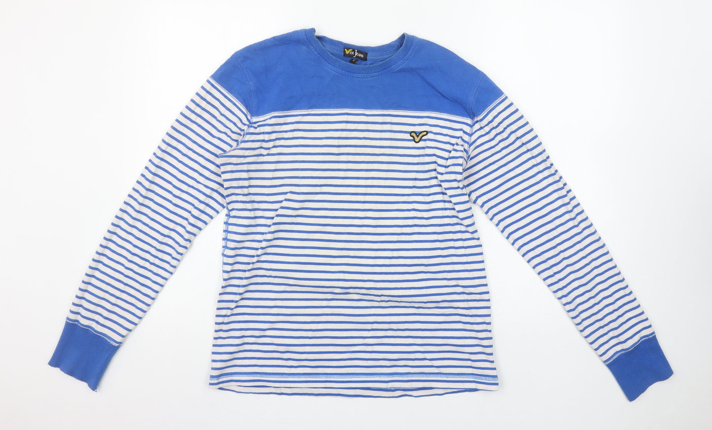 Voi Jeans Men's Blue White Striped Long Sleeve Crew Neck Cotton T-Shirt Size S