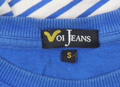 Voi Jeans Men's Blue White Striped Long Sleeve Crew Neck Cotton T-Shirt Size S