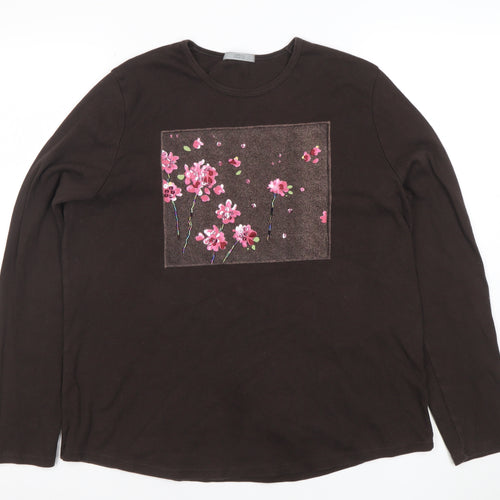 Marks and Spencer Womens Brown Floral Embroidered Long Sleeve Cotton T-Shirt Size 18