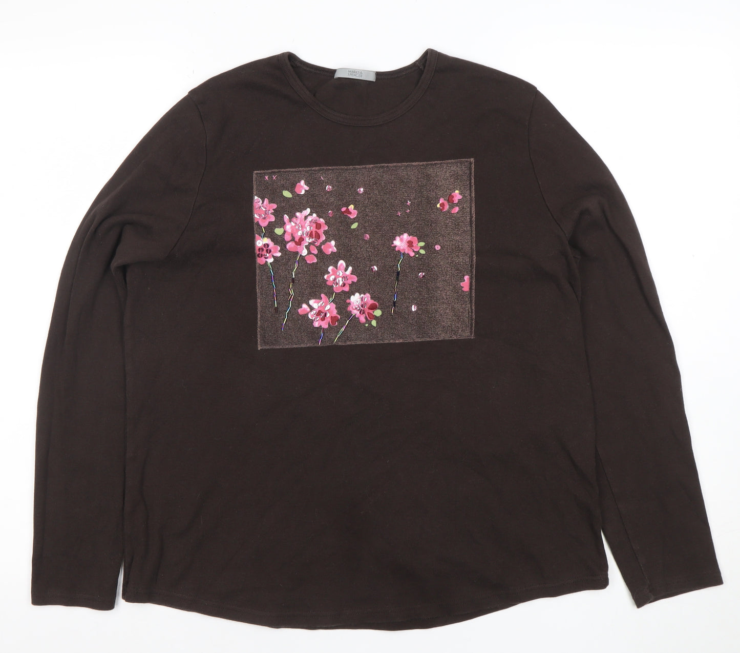 Marks and Spencer Womens Brown Floral Embroidered Long Sleeve Cotton T-Shirt Size 18