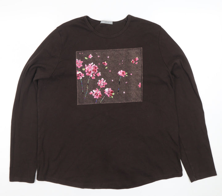 Marks and Spencer Womens Brown Floral Embroidered Long Sleeve Cotton T-Shirt Size 18