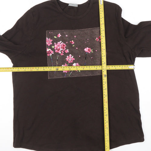 Marks and Spencer Womens Brown Floral Embroidered Long Sleeve Cotton T-Shirt Size 18