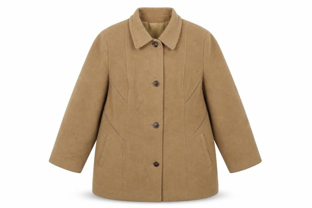 Front view of Lebek Women Beige Wool Cashmere Mid-Length Overcoat, size 22