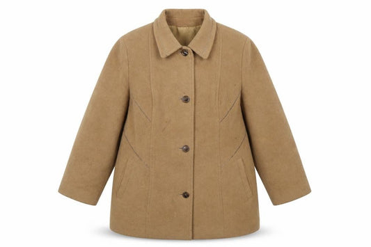 Front view of Lebek Women Beige Wool Cashmere Mid-Length Overcoat, size 22