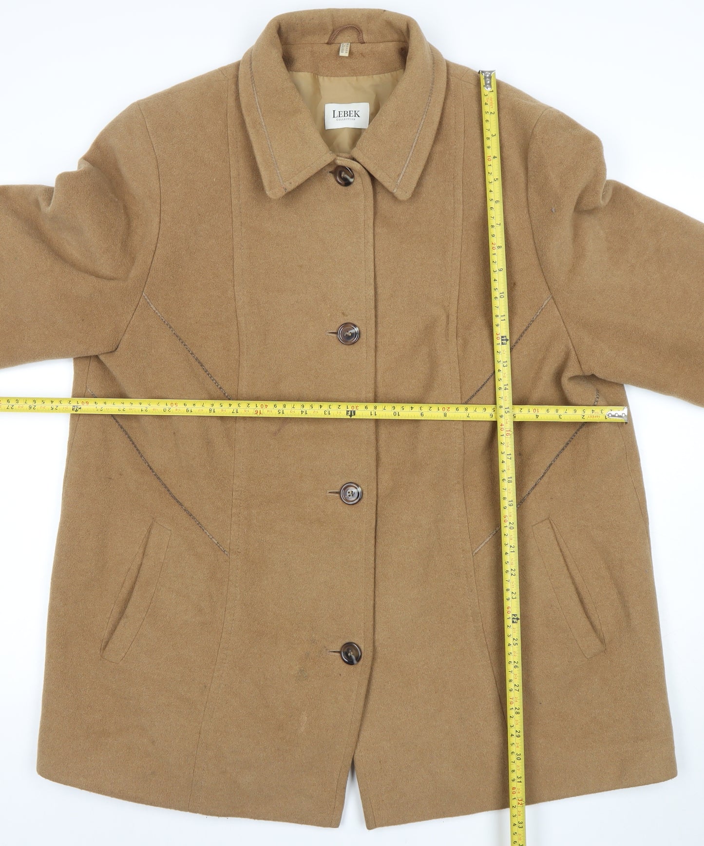 Lebek Women Beige Wool Cashmere Mid-Length Overcoat Size 22