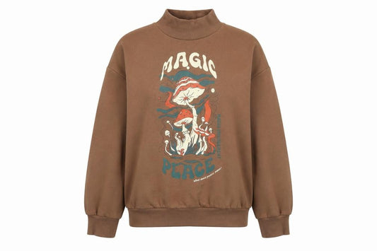 Front view of Destination girls’ brown graphic high neck pullover sweatshirt 9-10 years